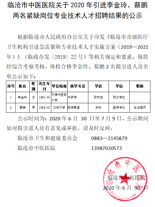 臨滄市中醫(yī)醫(yī)院關(guān)于2020年引進(jìn)李金玲、蔡鵬兩名緊缺崗位專業(yè)